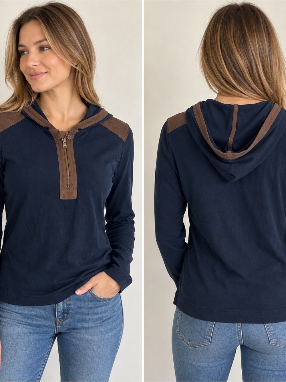 Lauren Jeans Co Ralph Lauren Women’s M Navy Blue Hooded Pullover Brown Trim NWT